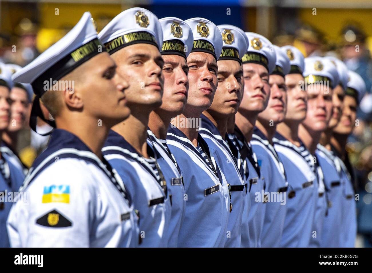 i militari ucraini marciano durante una parata militare che segna la Giornata dell'Indipendenza dell'Ucraina a Kiev, Ucraina 24 agosto 2018. (Foto di Maxym Marusenko/NurPhoto) Foto Stock