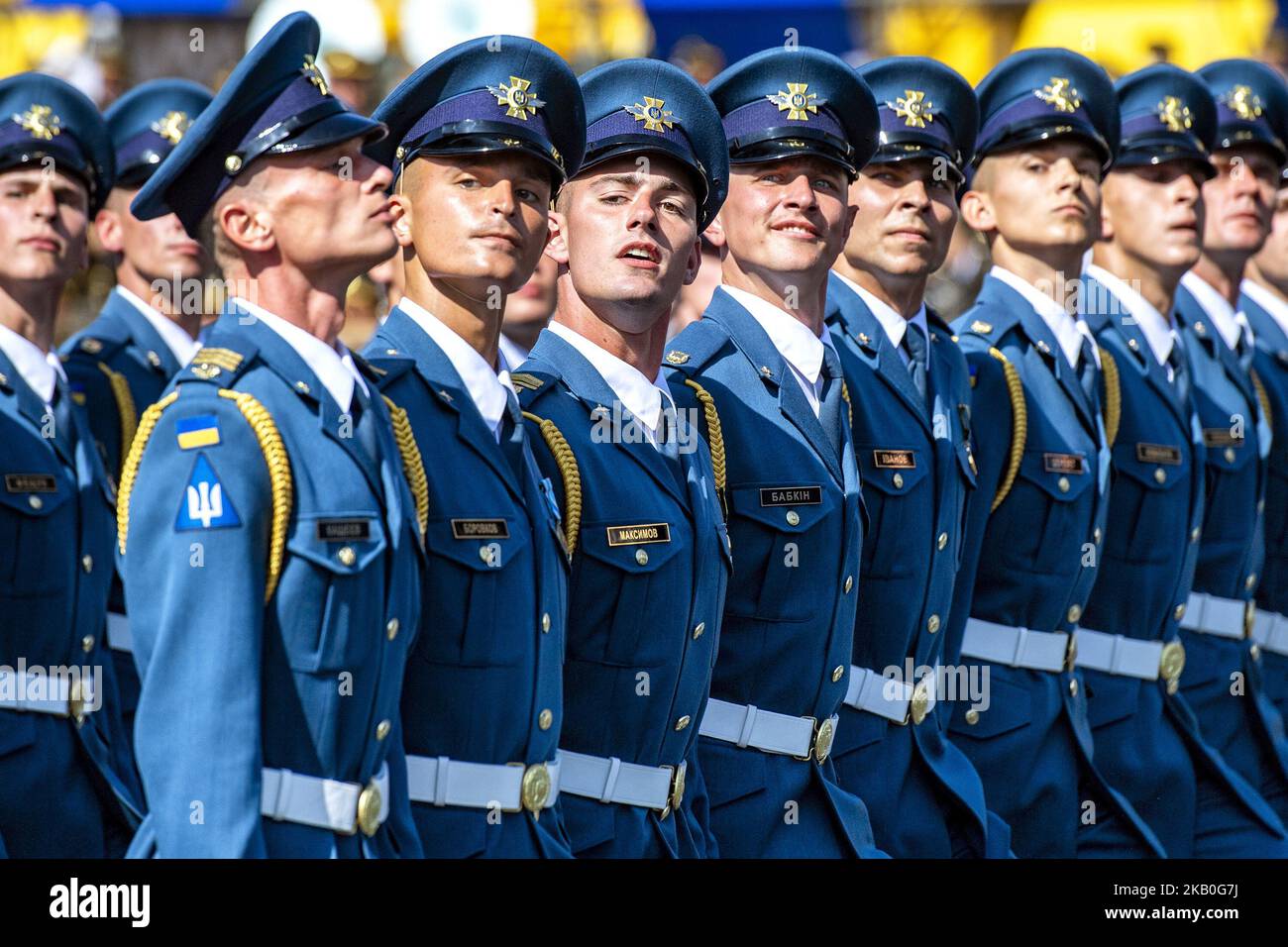 i militari ucraini marciano durante una parata militare che segna la Giornata dell'Indipendenza dell'Ucraina a Kiev, Ucraina 24 agosto 2018. (Foto di Maxym Marusenko/NurPhoto) Foto Stock