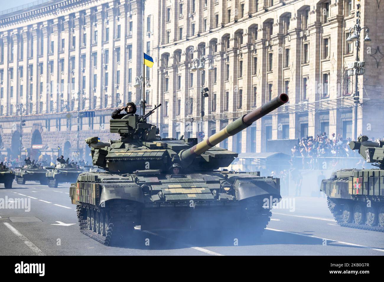 I carri armati ucraini partecipano a una parata che segna le celebrazioni del 'giorno dell'Indipendenza' in Piazza dell'Indipendenza di Kyiv, Ucraina, 24 agosto 2018 (Foto di Maxym Marusenko/NurPhoto) Foto Stock
