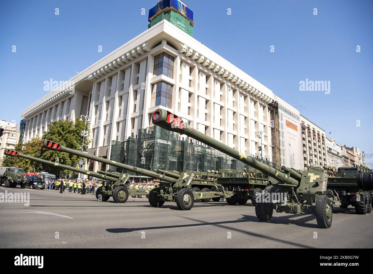 Military Machinery pass durante una parata militare che segna la Giornata dell'Indipendenza dell'Ucraina a Kyiv, Ucraina 24 agosto 2018 (Foto di Maxym Marusenko/NurPhoto) Foto Stock