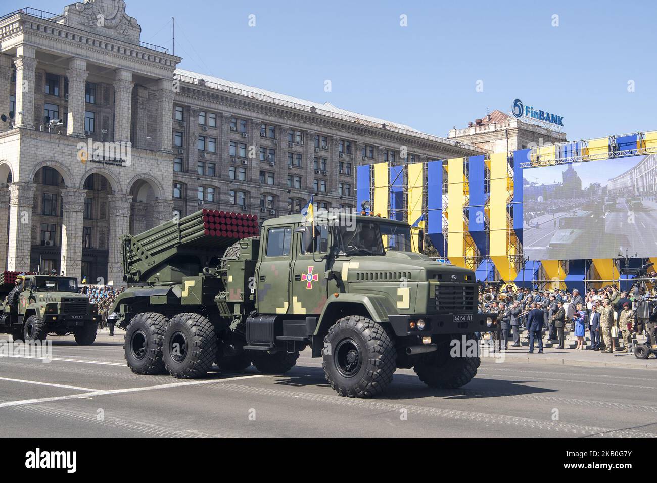 Military Machinery pass durante una parata militare che segna la Giornata dell'Indipendenza dell'Ucraina a Kyiv, Ucraina 24 agosto 2018 (Foto di Maxym Marusenko/NurPhoto) Foto Stock