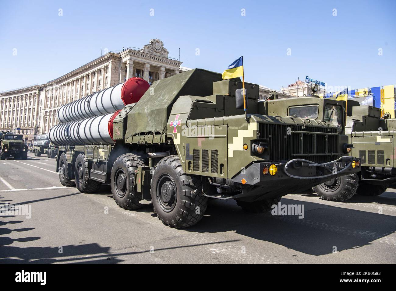 I sistemi di lancio dei missili mobili guidano durante una parata militare che segna la Giornata dell'Indipendenza dell'Ucraina a Kiev, Ucraina 24 agosto 2018. (Foto di Maxym Marusenko/NurPhoto) Foto Stock