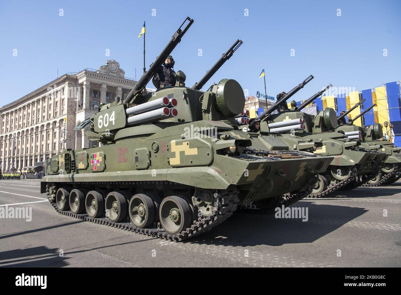 Military Machinery pass durante una parata militare che segna la Giornata dell'Indipendenza dell'Ucraina a Kyiv, Ucraina 24 agosto 2018 (Foto di Maxym Marusenko/NurPhoto) Foto Stock