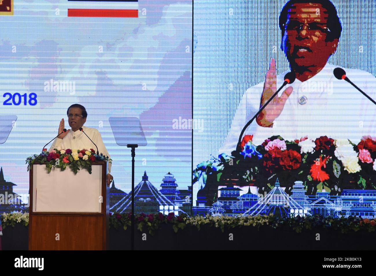 Il Presidente dello Sri Lanka Maithripala Sirisena ha pronunciato un discorso durante il vertice del 2018 dell'iniziativa del quarto Golfo del Bengala per la cooperazione tecnica ed economica multisectorale (BIMSTEC) a Kathmandu, Nepal, giovedì 30 agosto 2018. (Foto di Narayan Maharjan/NurPhoto) Foto Stock