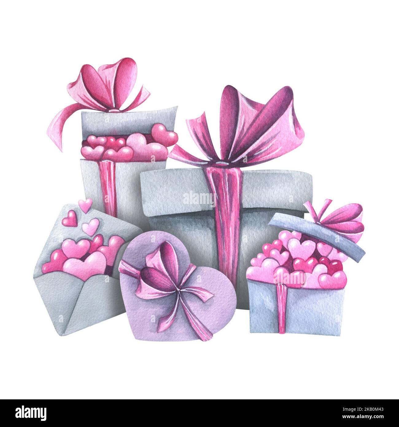 Scatole regalo, una busta con nastri, archi e cuori. Illustrazione acquerello. Composizione della collezione DI SAN VALENTINO. Per il design e. Foto Stock