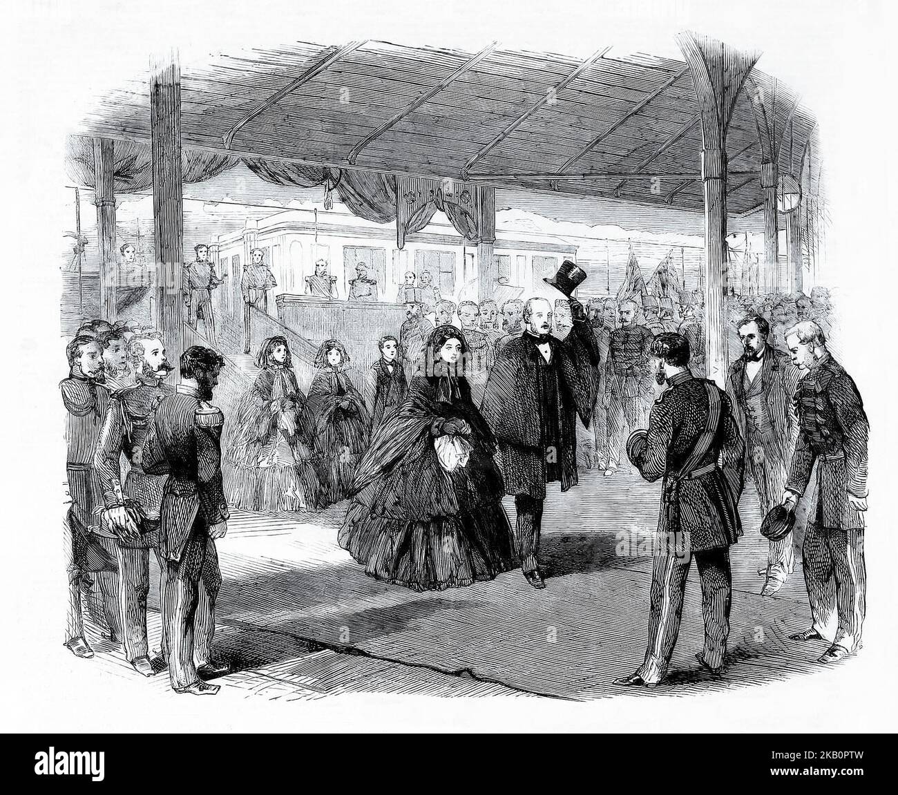 La regina Vittoria e suo marito il principe Alberto, arrivando a Dún Laoghaire (ribattezzato Kingstown in onore della visita del re Giorgio IV del 1821) il 22nd agosto 1861. Il terzo viaggio del monarca in Irlanda, la visita di otto giorni, doveva essere estremamente importante per l'industria turistica irlandese ed è accreditato di aver inserito Killarney nella mappa turistica irlandese. Il loro figlio maggiore era già in Irlanda, dove stava seguendo un addestramento militare al Curragh di Co. Kildare. Foto Stock