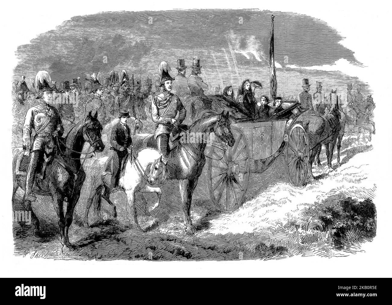 La regina Vittoria e suo marito il principe Alberto rivisitano le truppe sul Curragh, nella contea di Kildare, durante il terzo viaggio del monarca in Irlanda nel 1861. Il loro figlio maggiore era in Irlanda sotto addestramento militare al Curragh in Co. Kildare. Mentre si trovava a Dublino, la famiglia alloggiava al Vice Regal Lodge, oggi noto come Arás an Uachtaráin nel Phoenix Park di Dublino. Foto Stock