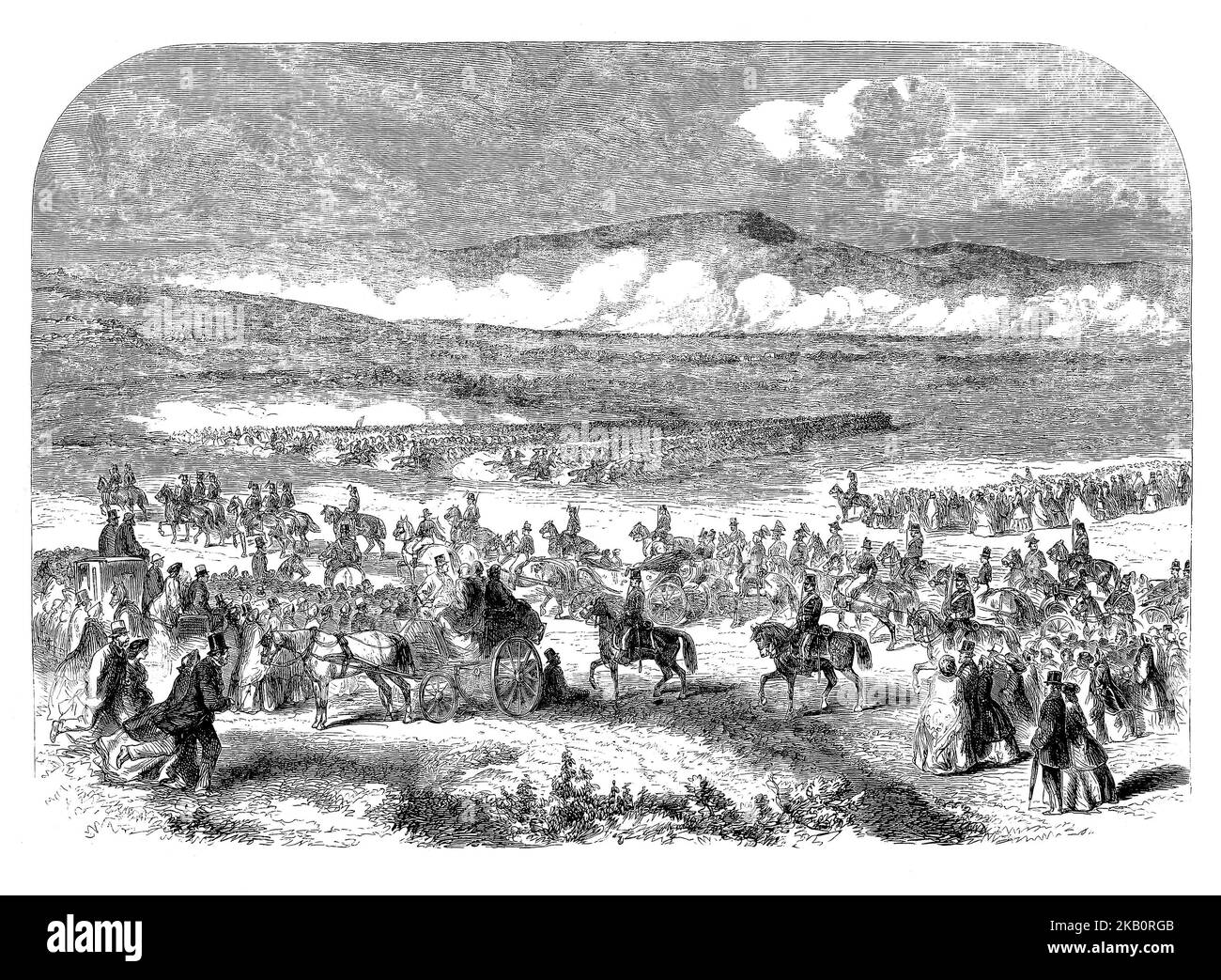 La regina Vittoria e suo marito il principe Alberto rivisitano le truppe sul Curragh, nella contea di Kildare, durante il terzo viaggio del monarca in Irlanda nel 1861. Il loro figlio maggiore era in Irlanda sotto addestramento militare al Curragh in Co. Kildare. Mentre si trovava a Dublino, la famiglia alloggiava al Vice Regal Lodge, oggi noto come Arás an Uachtaráin nel Phoenix Park di Dublino. Foto Stock