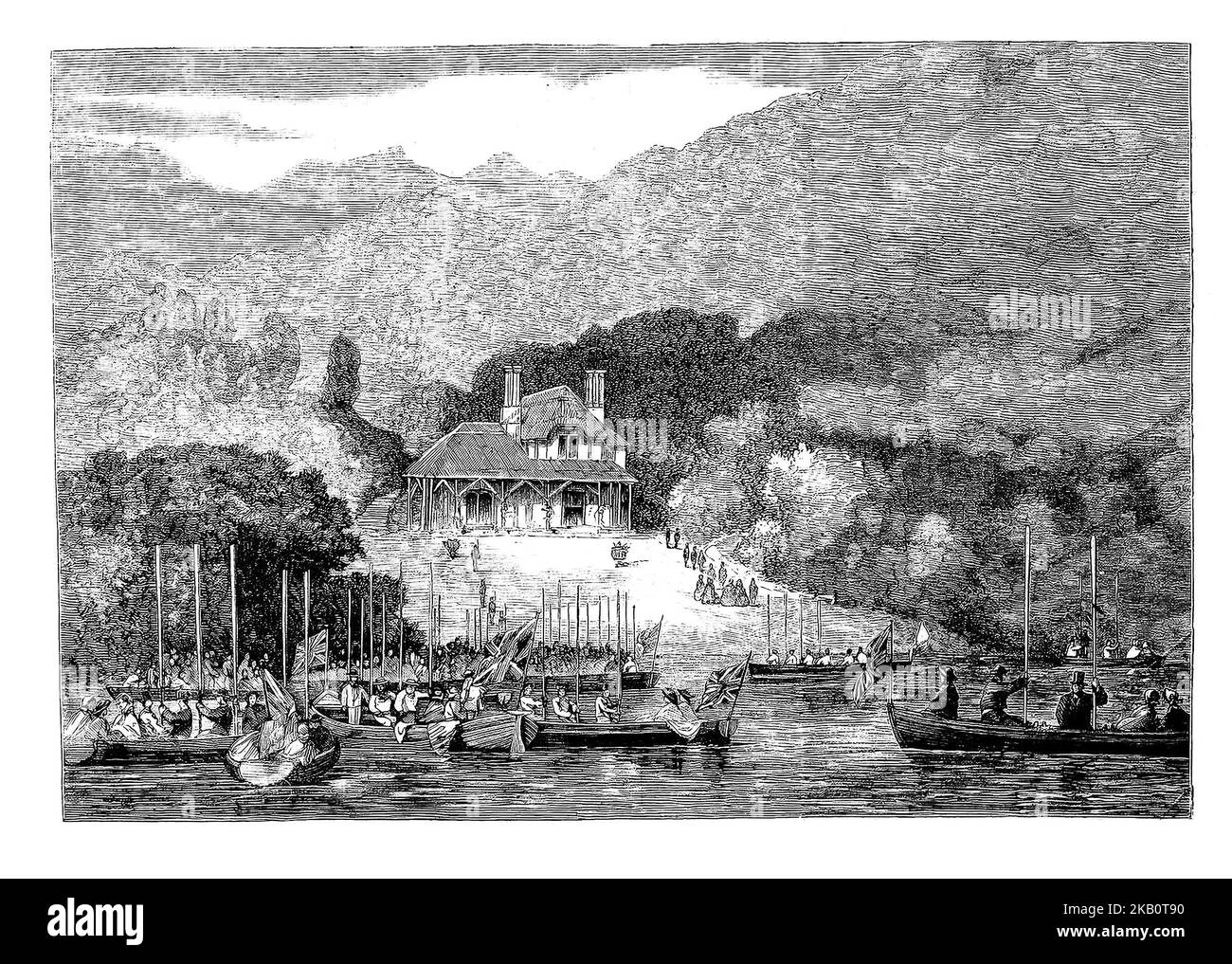Il partito reale della regina Victoria e del principe Alberto del suo marito che visitano il cottage del Signore Castlerosse sul lago a Glenna sui laghi di Killarney nella contea di Kerry. Il terzo viaggio del monarca in Irlanda nell'agosto 1861 doveva essere estremamente importante per l'industria turistica irlandese e si è accreditato di aver inserito Killarney nella mappa del turismo irlandese. Foto Stock