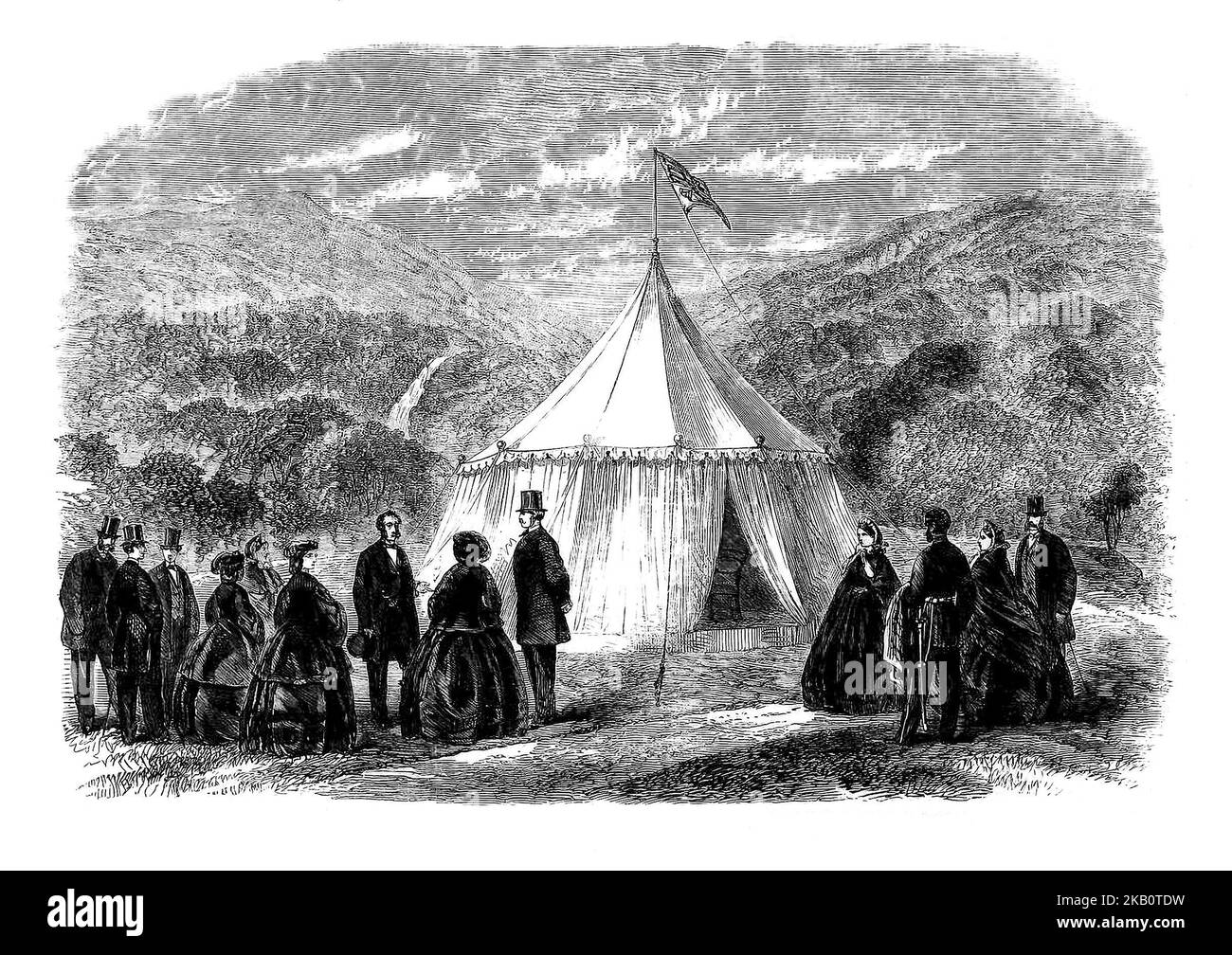 La regina Vittoria e suo marito il principe Alberto alla tenda reale a Derrycunihy a Killarney, contea di Kerry. Il terzo viaggio del monarca in Irlanda nell'agosto 1861 doveva essere estremamente importante per l'industria turistica irlandese e si è accreditato di aver inserito Killarney nella mappa del turismo irlandese. Foto Stock