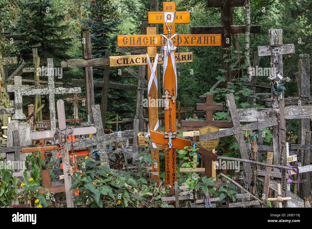 Migliaia di croci ortodosse russe, note anche come croci ortodosse o bizantine o di Suppedaneum sono viste a Grabarka, Polonia. Piccola collina coperta da croce Swieta Gora Grabarka situato nella Polonia orientale è la più Santa sede ortodossa in Polonia (Foto di Michal Fludra/NurPhoto) Foto Stock