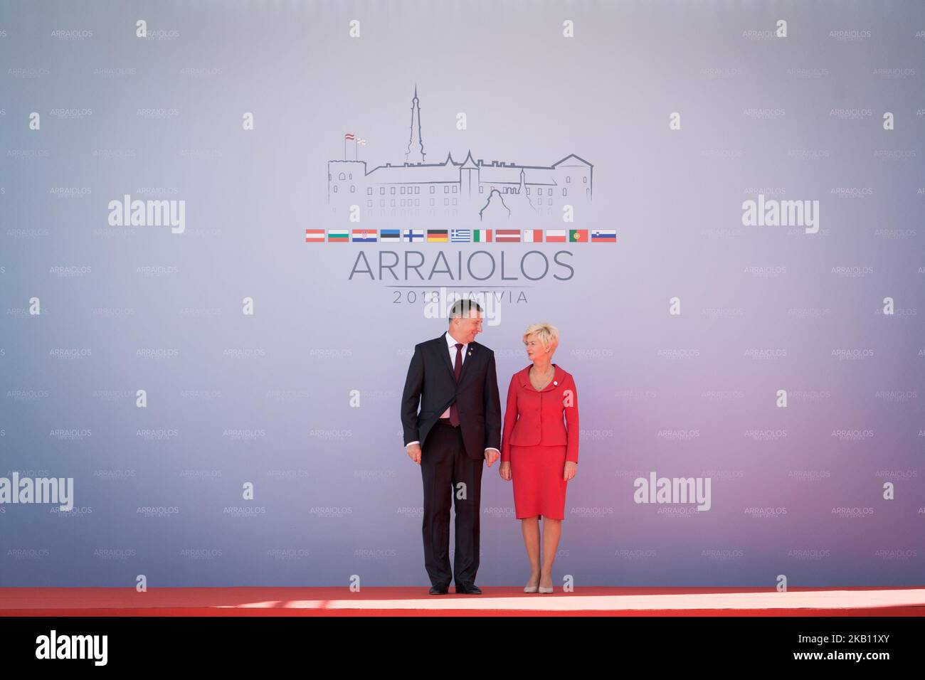 Presidente della Lettonia Raimonds Vejonis e sua moglie Iveta Vejone durante il 14th° incontro informale del Gruppo Arraiolos a Rundale, Lettonia, il 13 settembre 2018. La riunione del Gruppo Arraiolos riunisce i capi di stato di 13 paesi: Austria, Bulgaria, Croazia, Estonia, Finlandia, Germania, Grecia, Ungheria, Italia, Lettonia, Malta, Polonia, Portogallo e Slovenia. (Foto di Mateusz Wlodarczyk/NurPhoto) Foto Stock