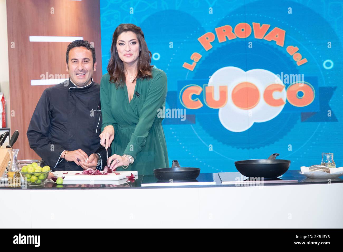 Natale Giunta ed Elisa Isoardi posano in RAI Studio a Roma, Italia, il 17 settembre 2018. Il nuovo direttore della 'la Prova del cuoco' Elisa Isoardi debutta all'inizio dello show su Rai One dal settembre 14th 2018. (Foto di Mauro Fagiani/NurPhoto) Foto Stock