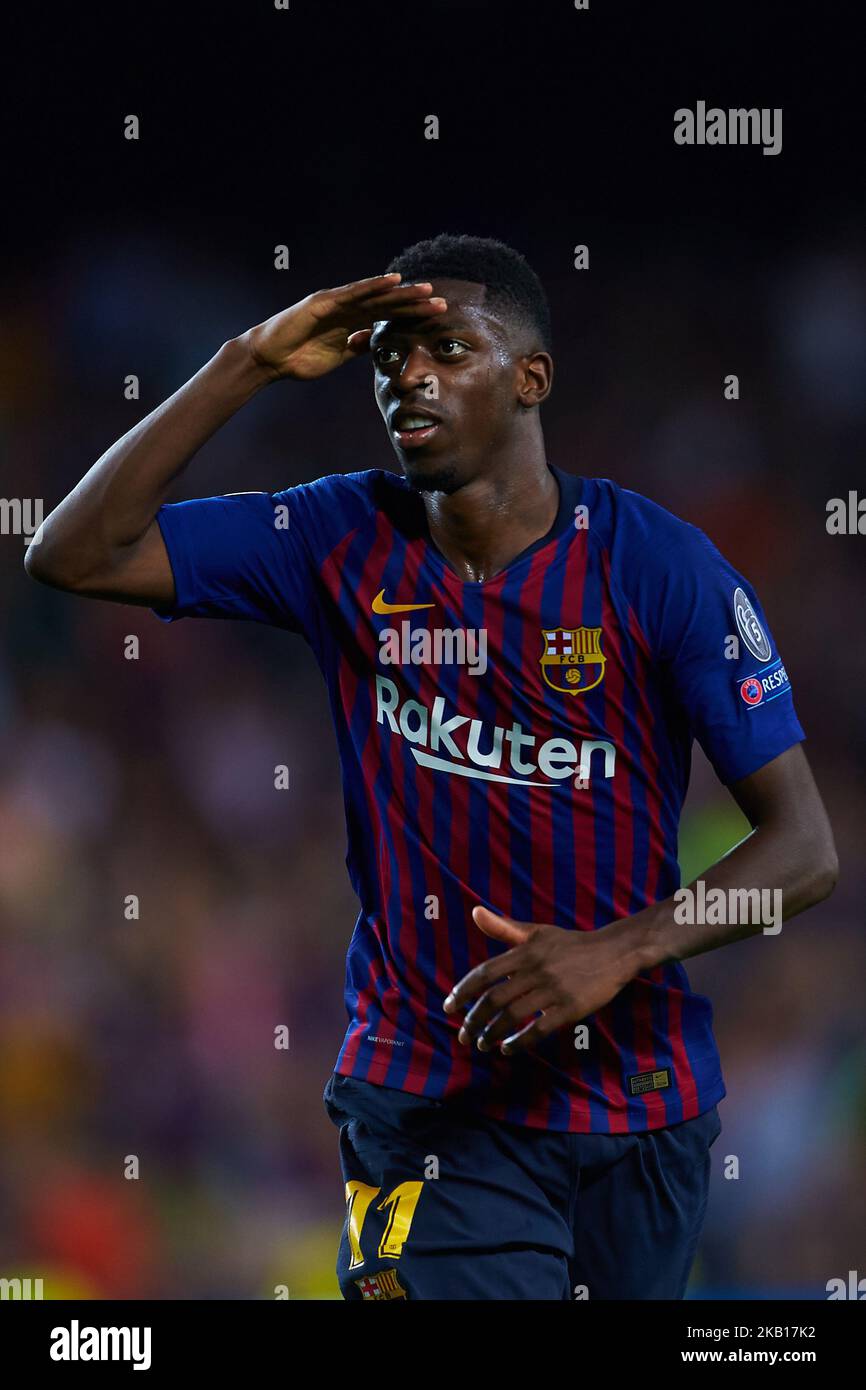 Ousmane Dembele del FC Barcelona festeggia dopo aver segnato durante la partita UEFA Champions League di gruppo B tra il FC Barcelona e il PSV Eindhoven a Camp Nou il 18 settembre 2018 a Barcellona, Spagna (Foto di Sergio Lopez/NurPhoto) Foto Stock