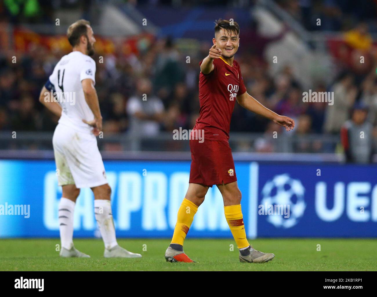 AS Roma / Viktoria Plzen : UEFA Champions League Group G Cengiz Under of Roma festeggia lo Stadio Olimpico di Roma il 2 ottobre 2018. (Foto di Matteo Ciambelli/NurPhoto) Foto Stock