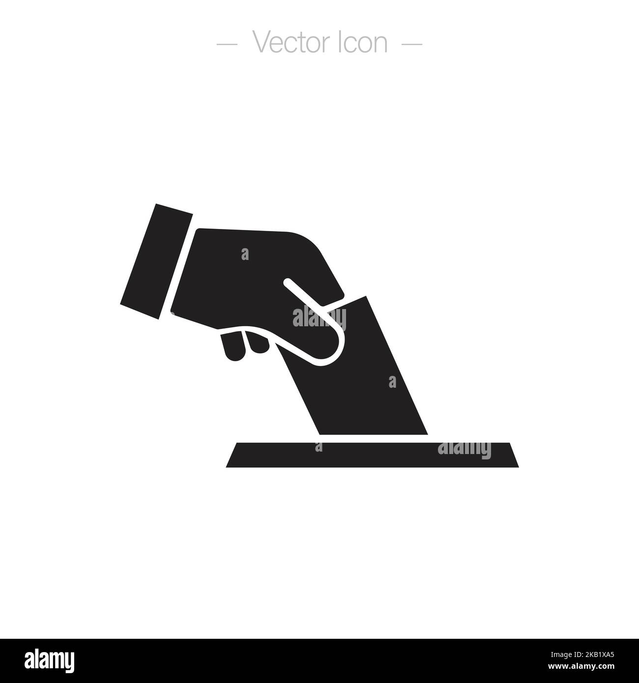 Icona della casella del voto a mano. Mano che mette la carta nella cassa di voto. Illustrazione del vettore isolato. Illustrazione Vettoriale