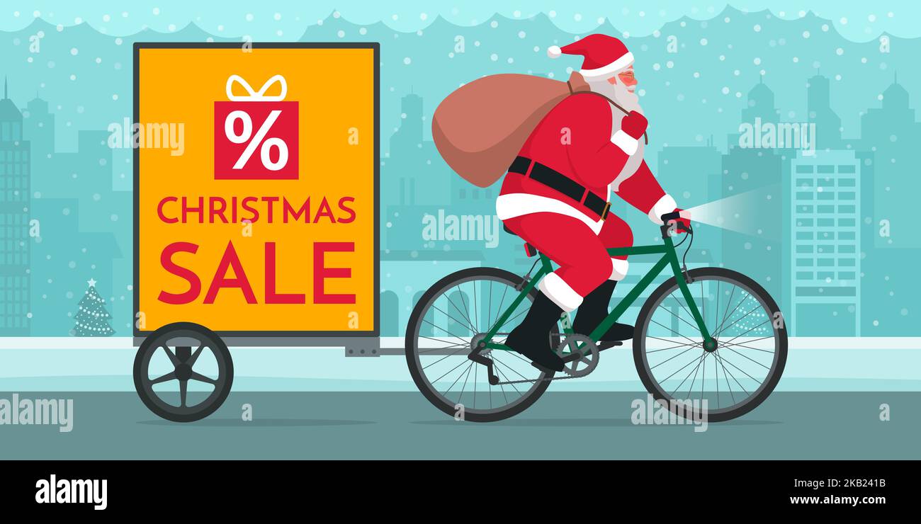 Babbo Natale in bicicletta con rimorchio pubblicità in strada città, vendita di Natale concetto Illustrazione Vettoriale