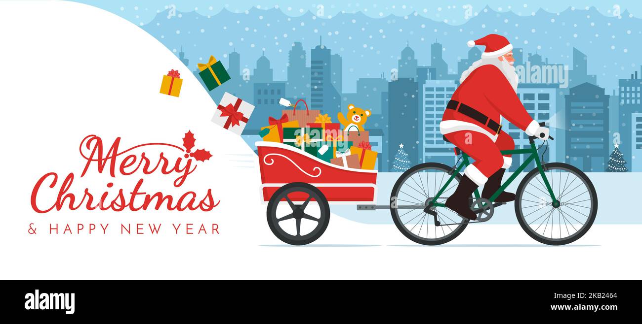 Babbo Natale in bicicletta con rimorchio e consegna di regali di Natale, spazio copia con regali di Natale Illustrazione Vettoriale