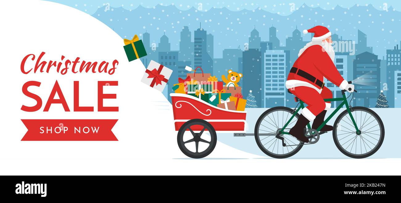 Babbo Natale in bicicletta con rimorchio e consegna di regali di Natale, vendita di Natale concetto Illustrazione Vettoriale