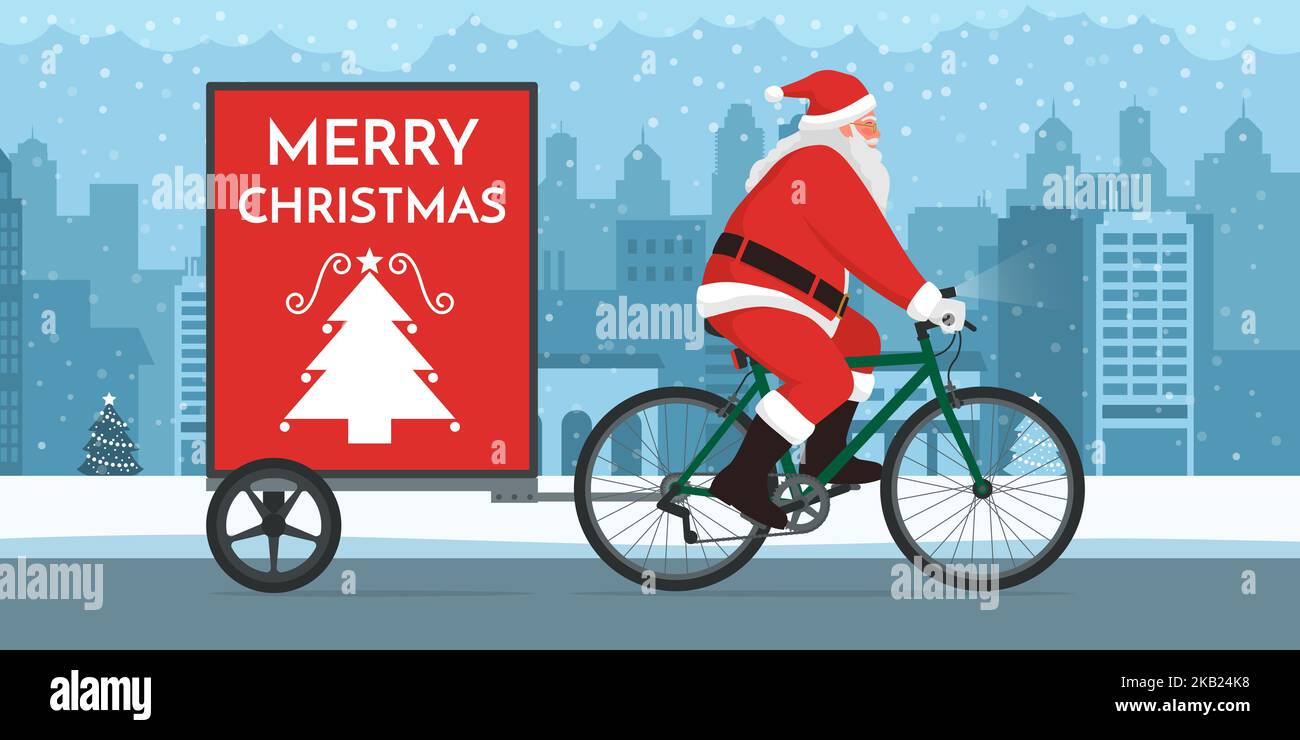 Babbo Natale in bicicletta con trailer pubblicitario in strada città, copia spazio con auguri di Natale Illustrazione Vettoriale