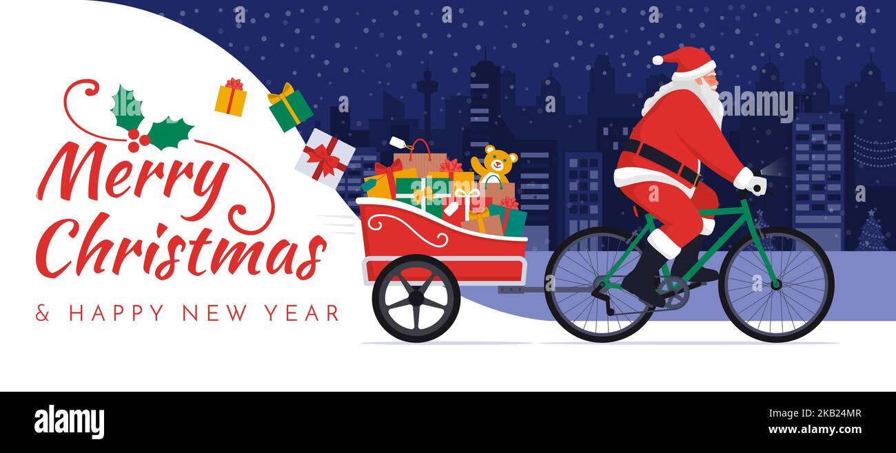 Babbo Natale in bicicletta con rimorchio e consegna di regali di Natale, spazio copia con regali di Natale Illustrazione Vettoriale