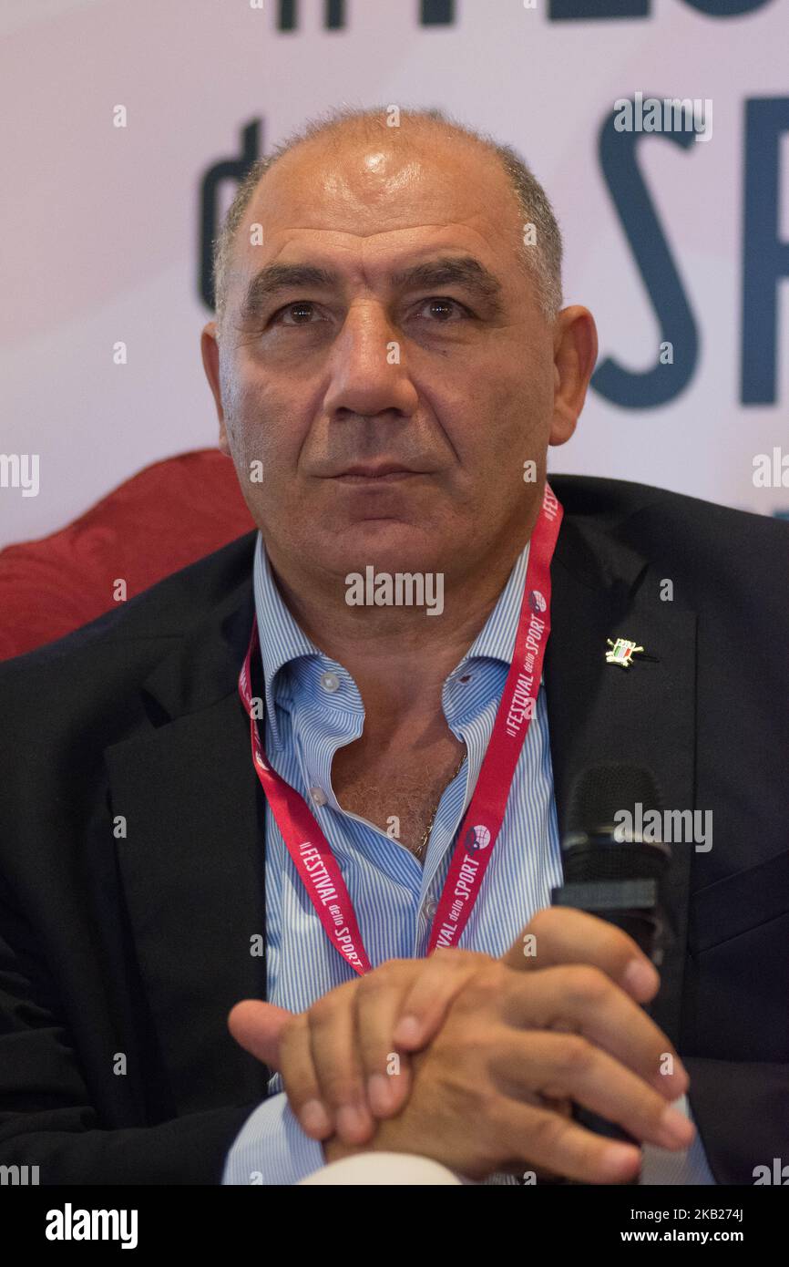 Giuseppe Abbagnale partecipa al 'Festival dello Sport' di Trento, Italia, il 13 ottobre 2018. Dal 11 al 14 ottobre 2018 la prima edizione del Festival dello Sport, che avrà una dimensione nazionale ed internazionale, grazie al calibro degli ospiti attesi e agli argomenti trattati. Gli organizzatori sono il primo quotidiano sportivo italiano, la Gazzetta dello Sport, e il Trentino, con il patrocinio di Coni e del Comitato Paralimpico Italiano. (Foto di massimo Bertolini/NurPhoto) Foto Stock