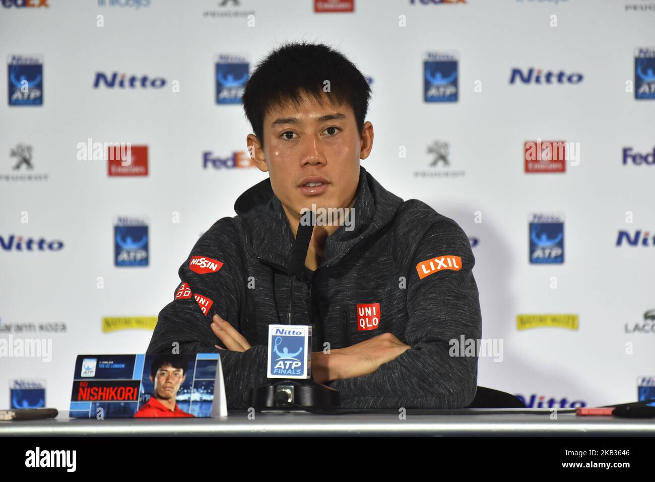Il giapponese Kei Nishikori è raffigurato durante una conferenza stampa che si terrà il giorno cinque delle finali ATP Nitto alla O2 Arena il 15 novembre 2018 a Londra, Inghilterra. (Foto di Alberto Pezzali/NurPhoto) Foto Stock