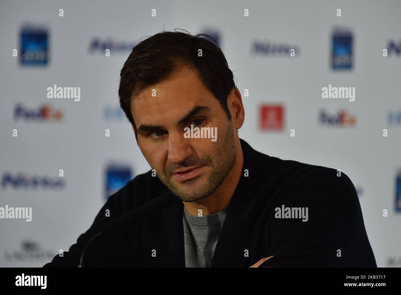 Roger Feder, della Svizzera, partecipa alla conferenza stampa, il giorno 5 delle finali del Nitto ATP World Tour alla O2 Arena, che si terrà il 15 novembre 2018 a Londra, Inghilterra. (Foto di Alberto Pezzali/NurPhoto) Foto Stock