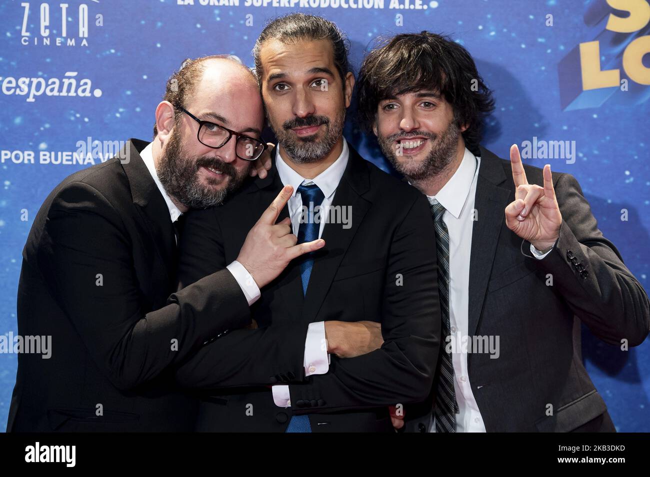 Borja Cobeaga, direttore Javier Ruiz Caldera e Diego San Jose partecipa alla prima 'Superlopez' al Capitol Cinemas di Madrid, Spagna. Novembre 21, 2018. (Foto di BorjaB.Hojas/COOLMedia/NurPhoto) Foto Stock