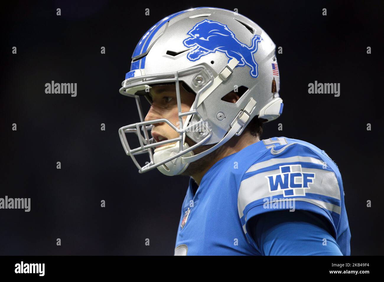 Il quartback dei Detroit Lions Matthew Stafford (9) lascia il campo durante la seconda metà di una partita di football della NFL contro i Minnesota Vikings a Detroit, Michigan USA, domenica 23 dicembre 2018. (Foto di Jorge Lemus/NurPhoto) Foto Stock