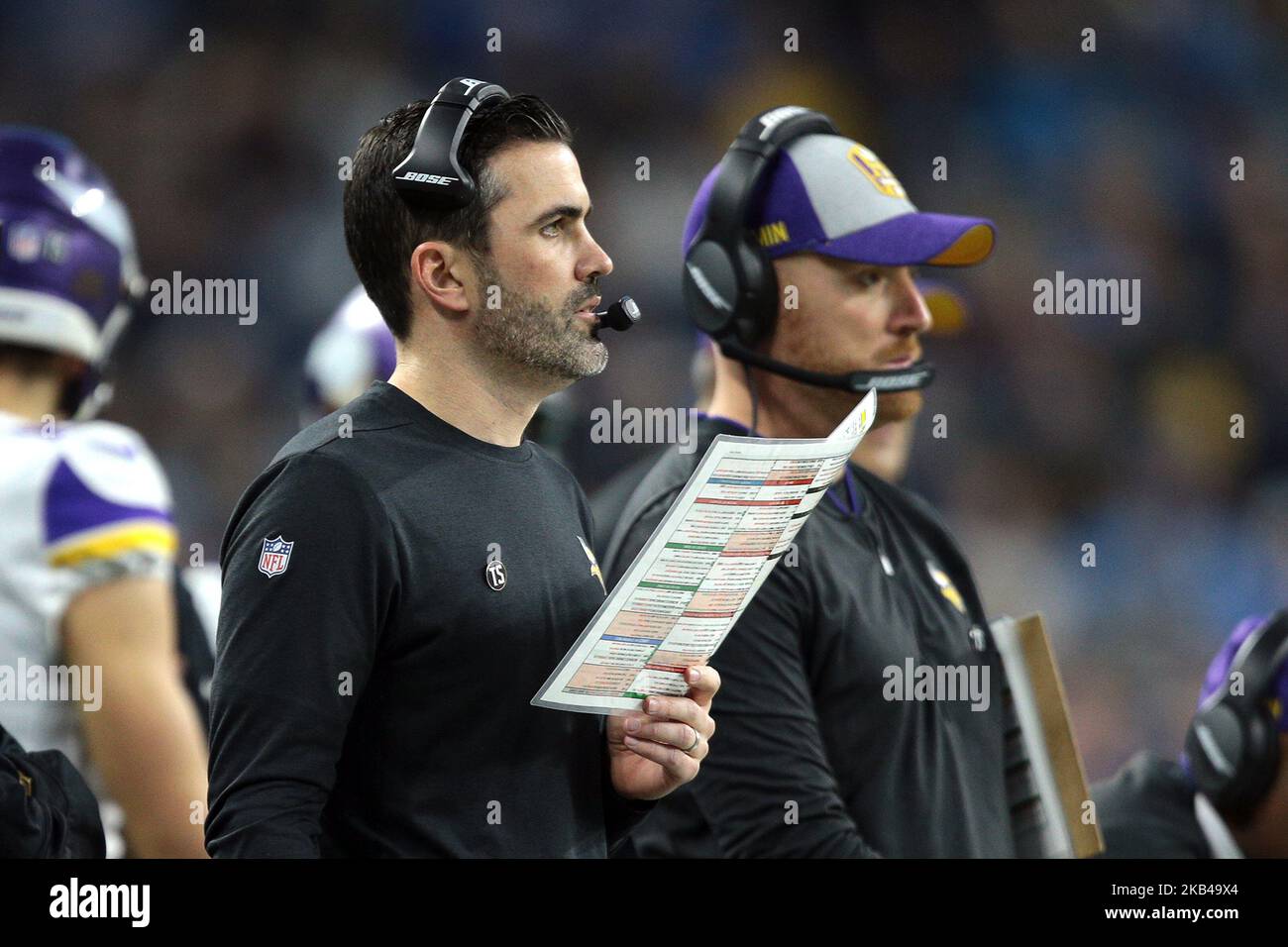 Il coordinatore provvisorio dell'offensiva di Ninotas Vikings Kevin Stefanski è visto durante la prima metà di una partita di football della NFL contro i Detroit Lions a Detroit, Michigan USA, domenica 23 dicembre 2018. (Foto di Jorge Lemus/NurPhoto) Foto Stock