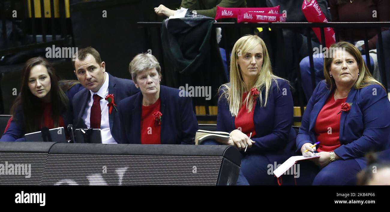 L-R Julie Snow Primary Care, Paul Dring manager, Colette Thomson Performance Coach Tracey Neville Head Coach e Tania Obst Assistant Coach of England Roses durante Netball Quad Series Vitality Netball International match tra Inghilterra e Sud Africa alla Copper Box Arena il 19 gennaio 2019 a Londra, Inghilterra. (Foto di Action Foto Sport/NurPhoto) Foto Stock