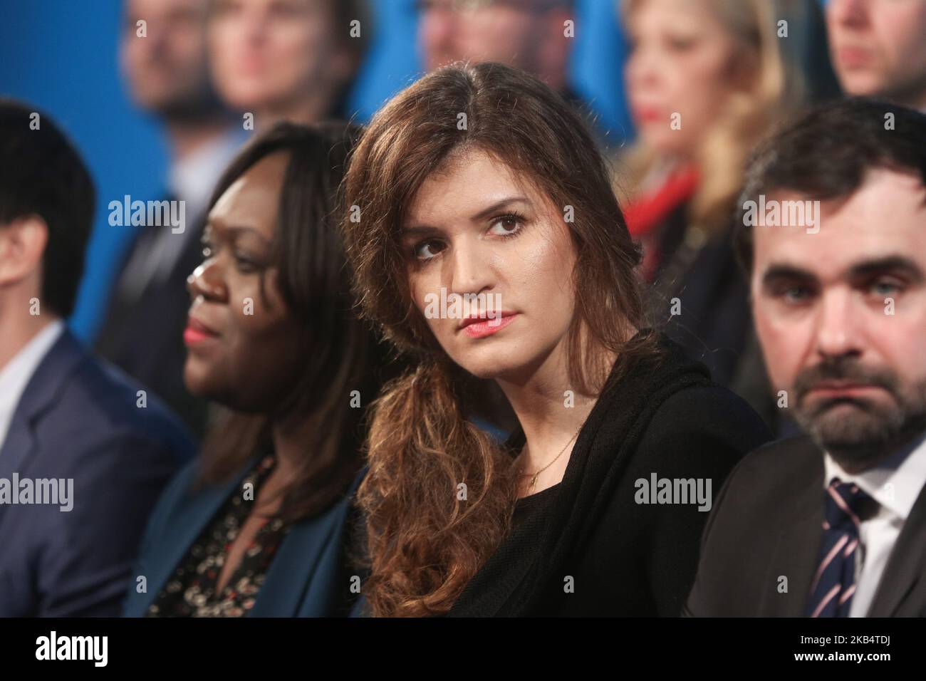 Il primo ministro francese incaricato del Gender Equality Marlene Schiappa (R) e il deputato francese del partito la Republique en Marche (LREM) Laetitia Avia (L) partecipano a una conferenza del partito la Republique en Marche (LREM), a Parigi, il 24 gennaio; 2019. (Foto di Michel Stoupak/NurPhoto) Foto Stock