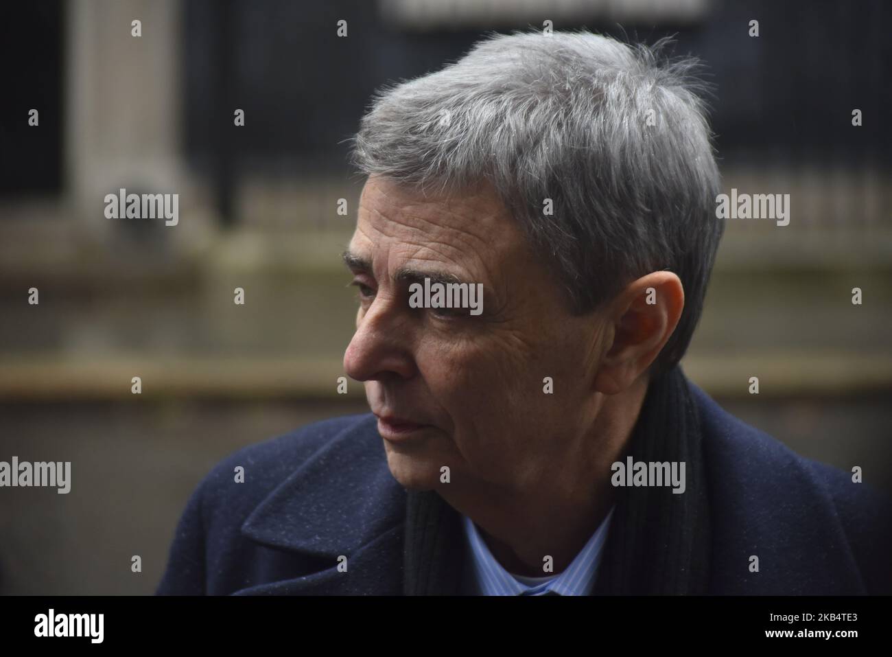 Il Segretario generale del sindacato UNISONO, Dave Prentis, parla ai media dopo un incontro al 10 di Downing Street, Londra, il 24 gennaio 2019. La Gran Bretagna è stata in uno stato di sconvolgimento politico da quando la scorsa settimana il parlamento ha respinto l’accordo di ritiro negoziato dal primo ministro Theresa May con l’UE, lasciando il Regno Unito in rotta per un “no-deal” Brexit il 29 marzo. La crisi politica di Londra si presenta in un contesto di crescente malessere economico, con i leader aziendali che mettono in guardia i politici sugli effetti dell’incertezza Brexit. (Foto di Alberto Pezzali/NurPhoto) Foto Stock