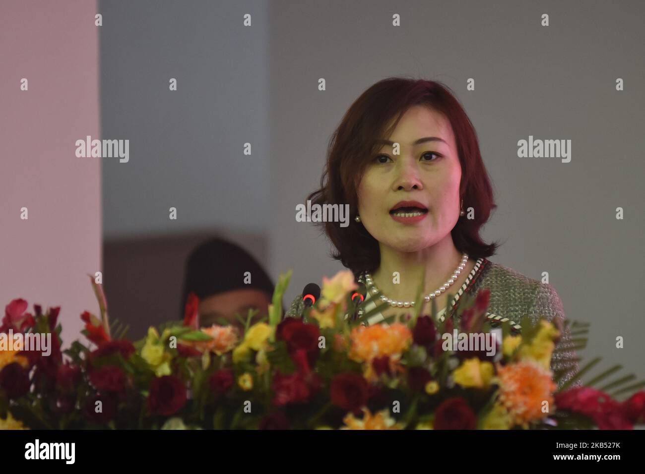 Ambasciatore cinese in Nepal Hou Yanqi durante la cerimonia di consegna della Cina ha aiutato il progetto di miglioramento della circonvallazione di Kathmandu a Kathmandu, Nepal lunedì 28 gennaio 2019. Kalanki a Koteshwor Kathmandu progetto di miglioramento della circonvallazione con la lunghezza totale di 10,4km, inaugurato congiuntamente dal primo ministro KP Sharma oli e dall'ambasciatore cinese in Nepal Hou Yanqi. (Foto di Narayan Maharjan/NurPhoto) Foto Stock