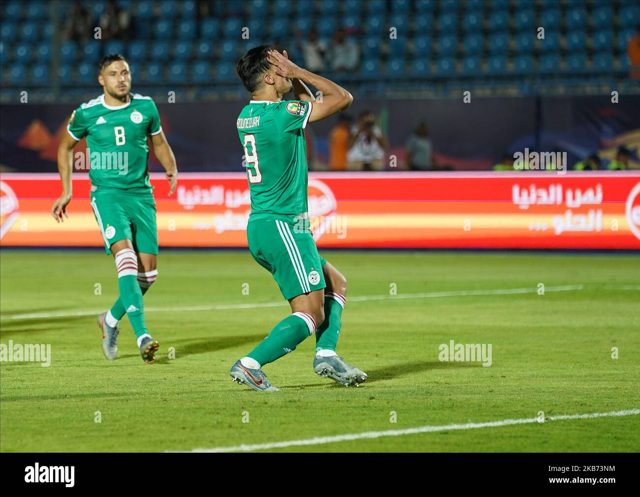 Baghdad Bounedjah di Algeria dopo aver perso la pena durante la Coppa delle Nazioni africane 2019 partita tra Costa d'Avorio e Algeria al Suez Stadium a Suez, Egitto, il 11,2019 luglio. (Foto di Ulrik Pedersen/NurPhoto) Foto Stock