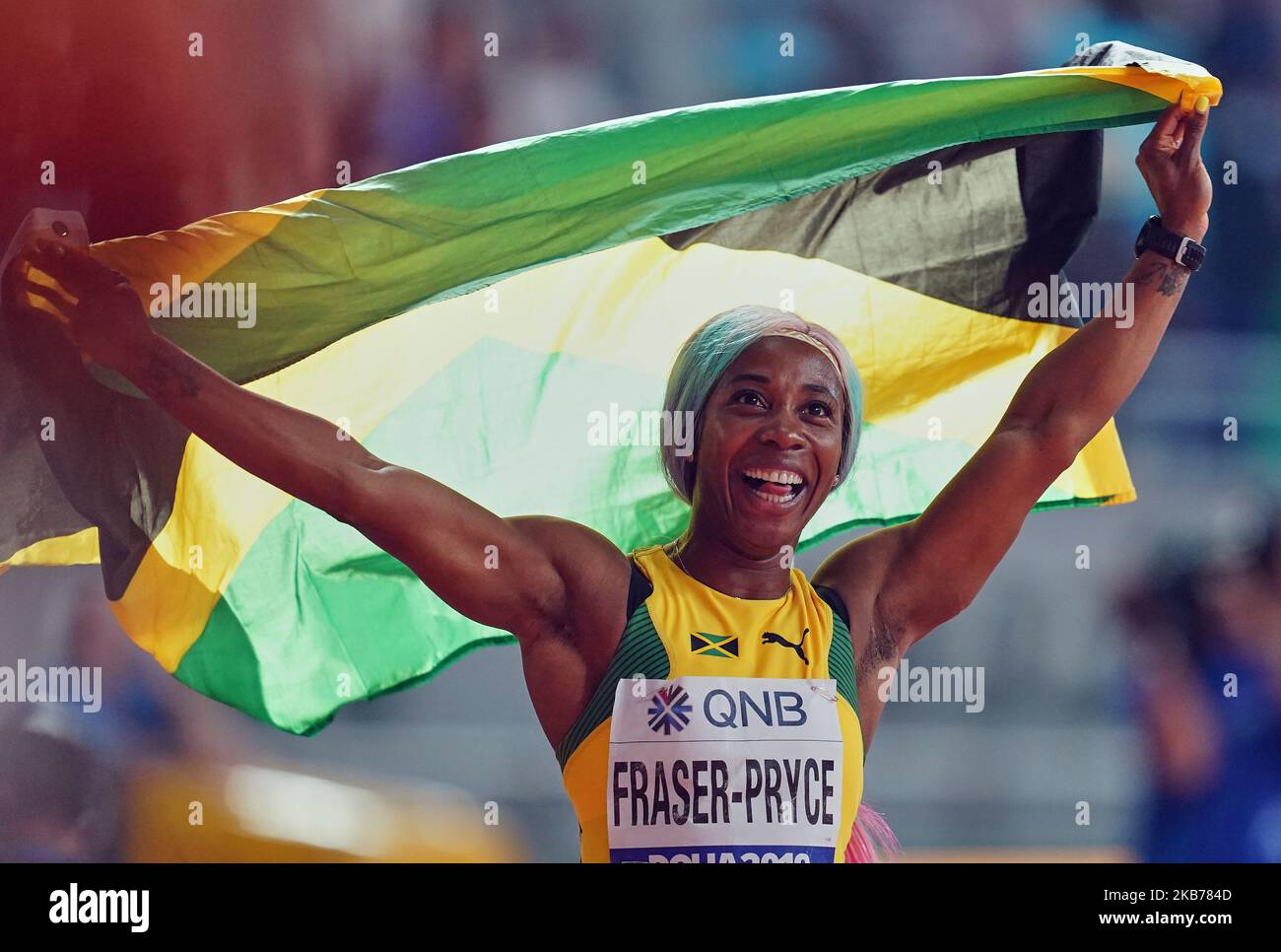 Shelly-Ann Fraser-Pryce della Giamaica ha vinto il 100 metri per le donne durante i Campionati Mondiali di Atletica IAAF 17th allo stadio Khalifa di Doha, Qatar, il 29 settembre 2019. (Foto di Ulrik Pedersen/NurPhoto) Foto Stock