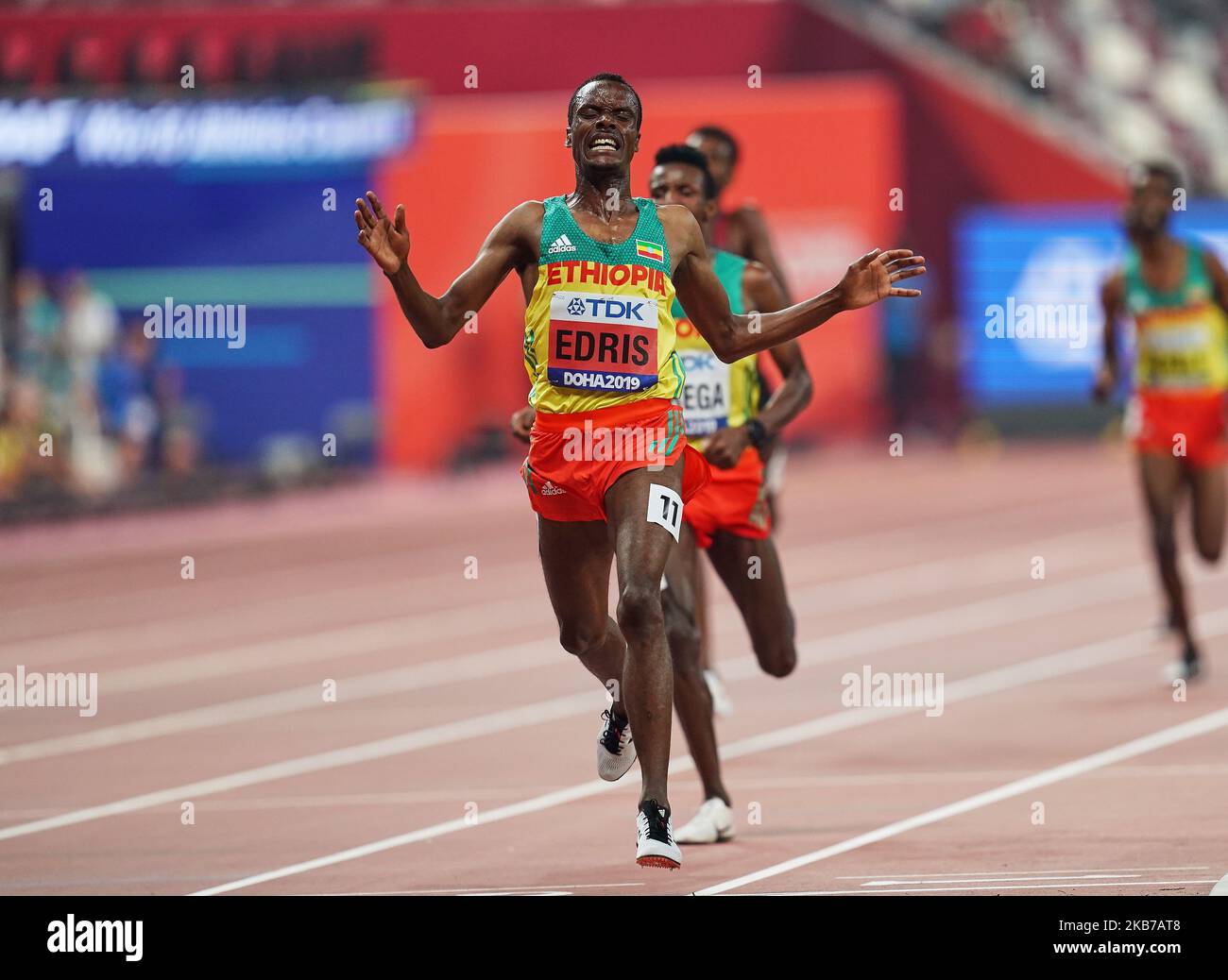 Muktar Edris dell'Etiopia ha vinto il gol nel 5000 metro per gli uomini durante i Campionati Mondiali di Atletica IAAF 17th allo Stadio Khalifa di Doha, Qatar, il 30 settembre 2019. (Foto di Ulrik Pedersen/NurPhoto) Foto Stock