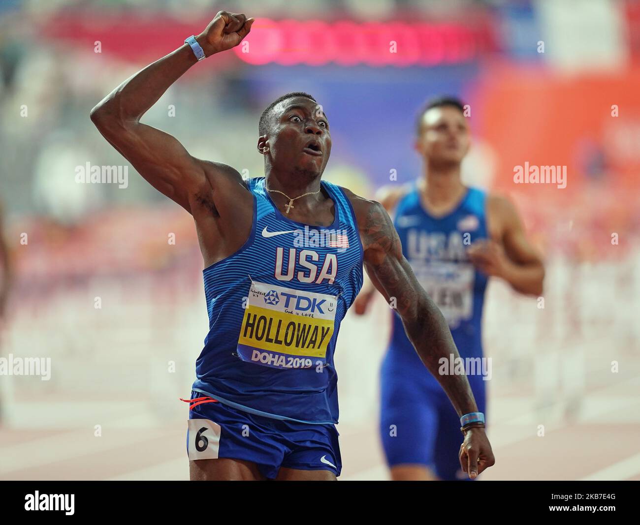 Grant Holloway degli Stati Uniti vincendo negli ostacoli del 110 per gli uomini durante i Campionati Mondiali di Atletica IAAF del 17th allo Stadio Khalifa di Doha, Qatar, il 2 ottobre 2019. (Foto di Ulrik Pedersen/NurPhoto) Foto Stock