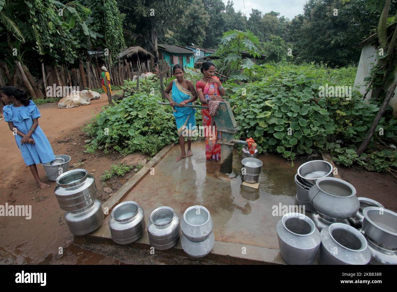 Gli abitanti dei villaggi tribali raccolgono acque potabili per uso familiare in un pozzo pubblico di rifornimento nel distretto di Kandhamal sopra di 200 km di distanza dal Bhubaneswar, capitale dell'India orientale, lo stato di Odisha, il 11 ottobre 2019. (Foto di Str/NurPhoto) Foto Stock