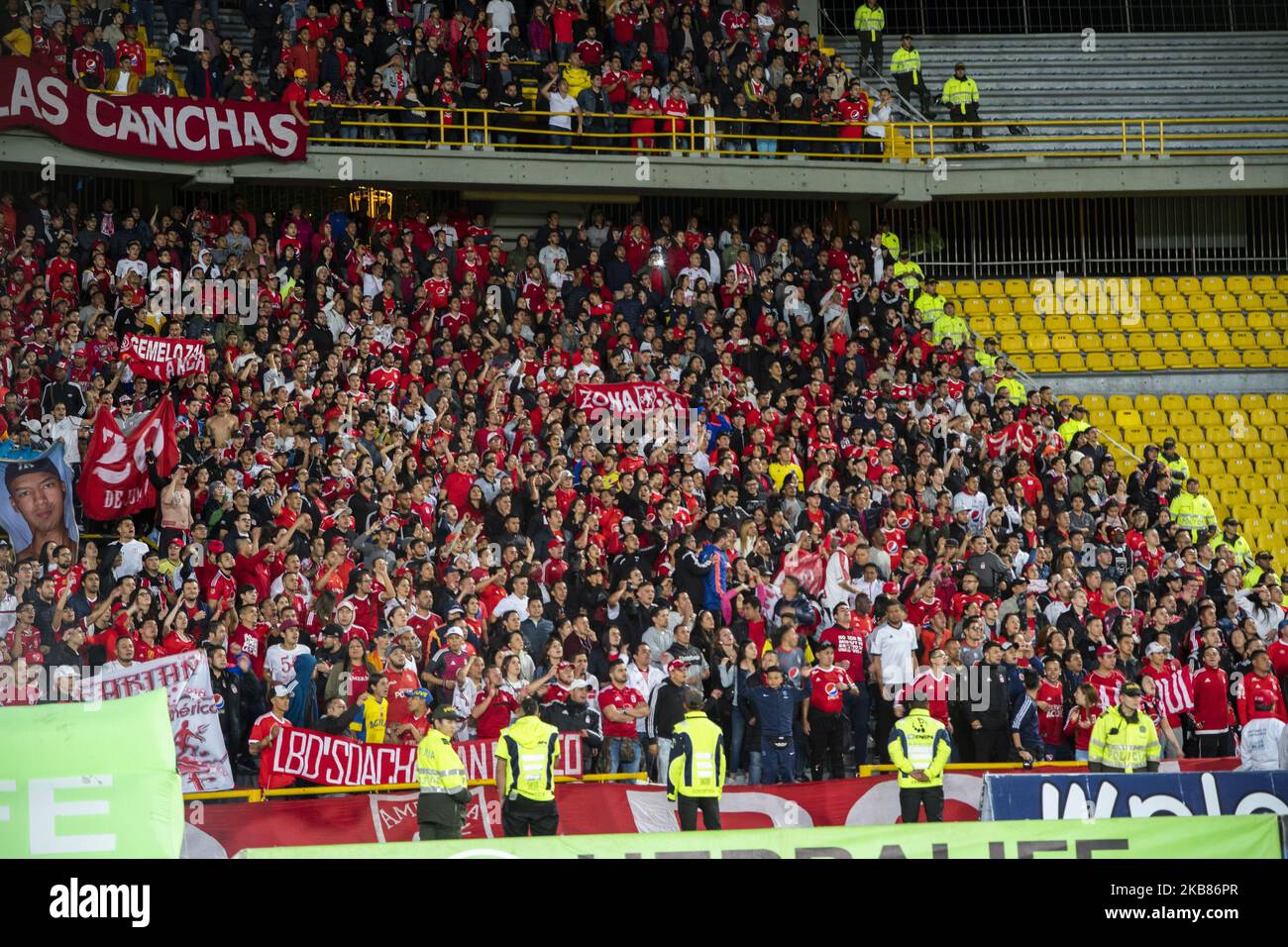 I fan di America de Cali durante una partita tra Millonarios e America de Cali come parte della Liga Aguila II 2019 a Estadio El Campin il 12 ottobre 2019 a Bogotà, Colombia. (Foto di Daniel Garzon Herazo/NurPhoto) Foto Stock