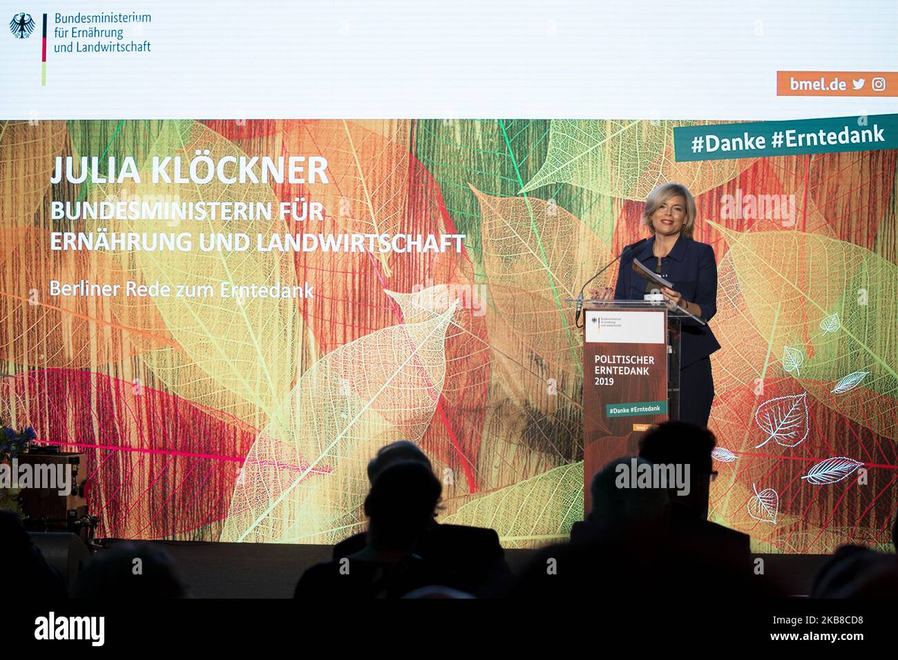 Julia Kloeckner, Ministro federale tedesco per l'alimentazione e l'agricoltura, interviene durante il Festival politico del raccolto 2019 a Berlino, in Germania, il 15 ottobre 2019. (Foto di Emmanuele Contini/NurPhoto) Foto Stock