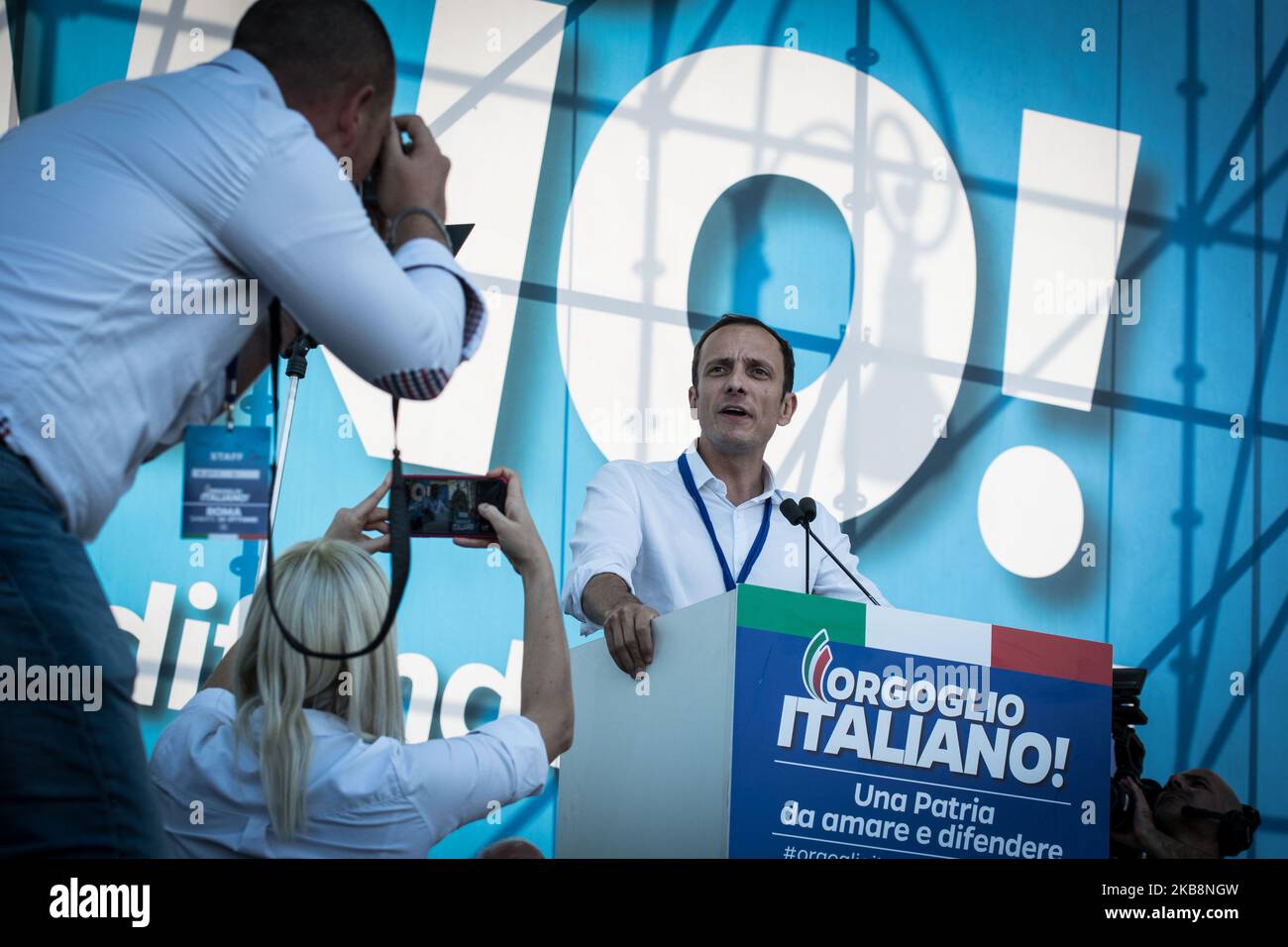 Massimiliano Fedriga presidente della Regione Friuli durante le migliaia di manifestanti che si riuniscono a Roma per un raduno detto "orgoglio Italiano", Che riunisce la Lega di destra di Salvini, i Fratelli di estrema destra d'Italia di Giorgia Meloni e l'ex Premier forza Italia di Silvio Berlusconi il 19 ottobre 2019 a Roma. (Foto di Andrea Ronchini/NurPhoto) Foto Stock