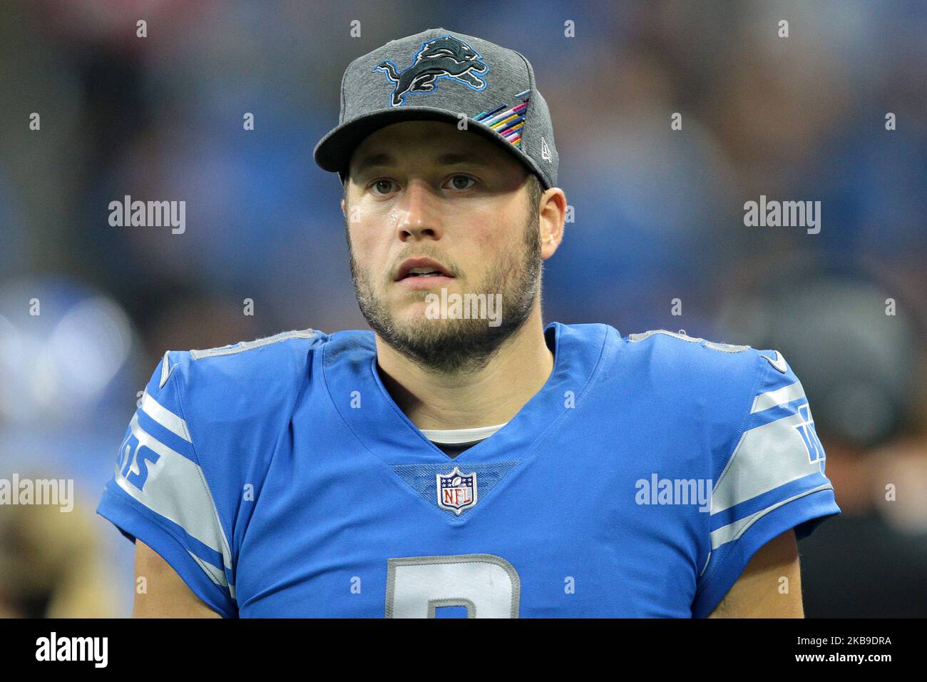 Il quartback dei Detroit Lions Matthew Stafford (9) viene visto durante la seconda metà di una partita di football della NFL contro i New York Giants a Detroit, Michigan USA, domenica 27 ottobre 2019 (Foto di Jorge Lemus/NurPhoto) Foto Stock