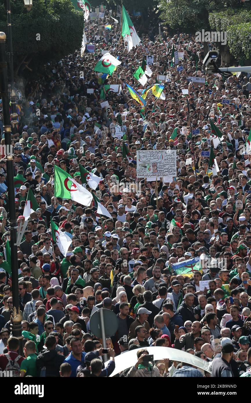 Il popolo algerino protesta per le strade di Algeri, Algeria, 01 novembre 2019. I manifestanti algerini sono scesi in piazza nell'ambito delle proteste settimanali del venerdì che hanno chiesto un radicale cambiamento del sistema. Le proteste coincidono con le celebrazioni ufficiali dell'anniversario della guerra algerina che hanno portato all'indipendenza dalla Francia (Photo by Billal Bensalem/NurPhoto) Foto Stock