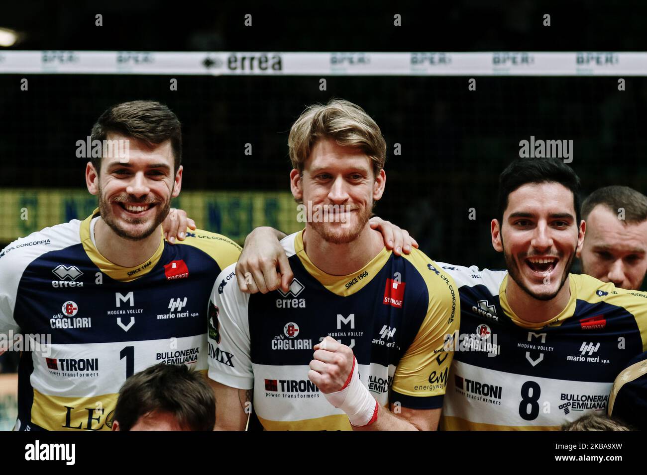 Anderson Matthew,Holt Maxwell Philip, Pinali Giulio durante la partita  della Lega Italiana Pallavolo uomo tra le Scarpe Leo Modena e Globo Banca  popolare del Frusinate Sora a Palapanini il 7 novembre 2019