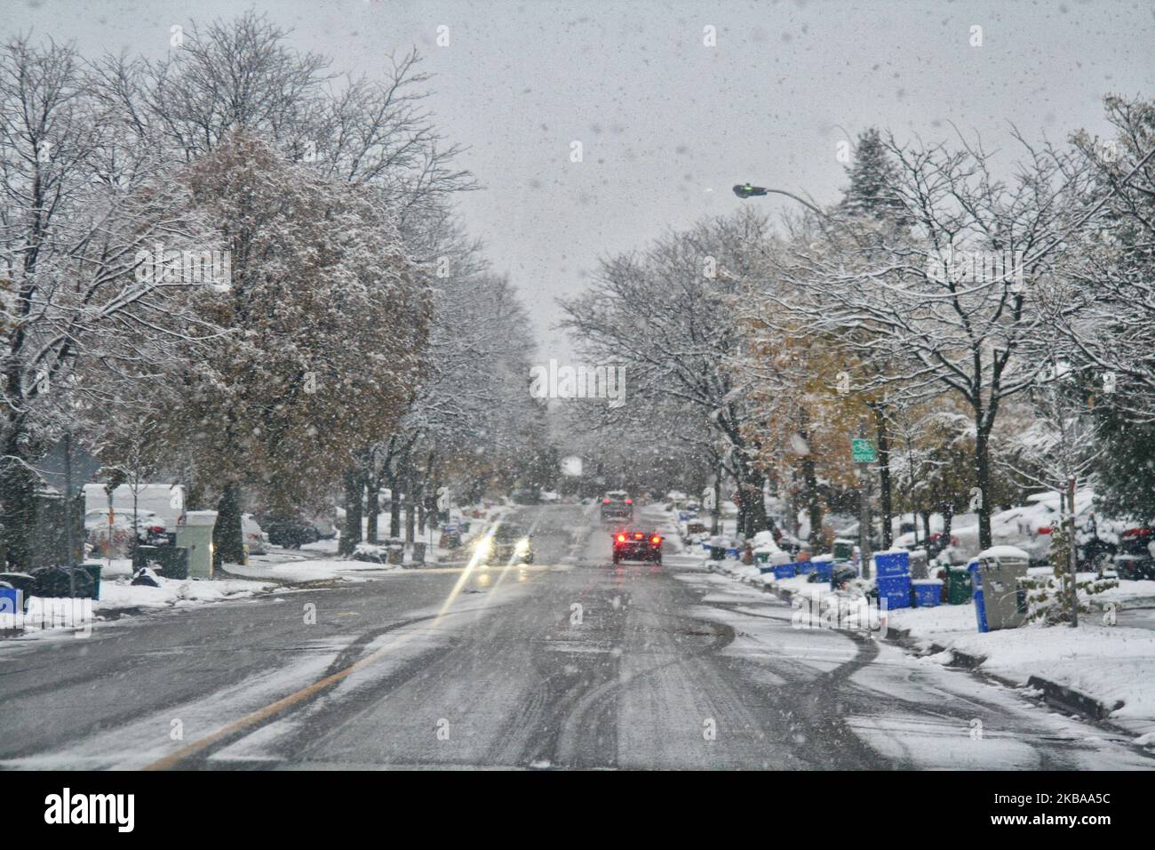 Prima nevicata della stagione a Toronto, Ontario, Canada, il 07 novembre 2019. La neve ha colpito la Greater Toronto Area appena in tempo per il viaggio mattutino e ha lasciato tra 1-5 cm di neve. (Foto di Creative Touch Imaging Ltd./NurPhoto) Foto Stock