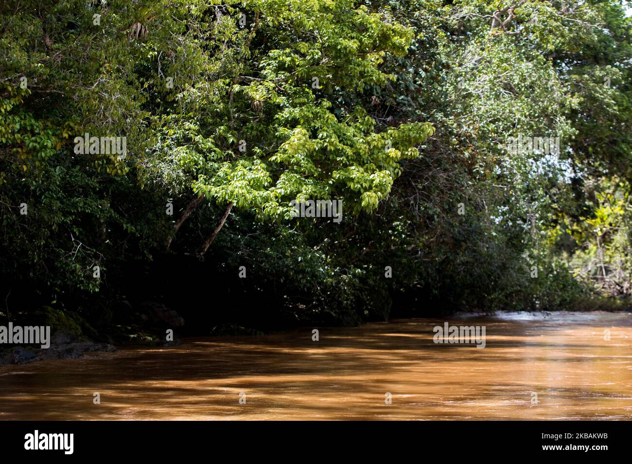 Maripasoula, Francia, 29 giugno 2019. Le acque inquinate del fiume Maroni. A causa di attività illegali di panning dell'oro, le acque del fiume Maroni sono sporche. Nascondono anche un veleno più insidioso, il mercurio, che, sebbene vietato nella Guiana francese, è utilizzato dagli scavatori d'oro per amalgamare i fiocchi d'oro. (Foto di Emeric Fohlen/NurPhoto) Foto Stock