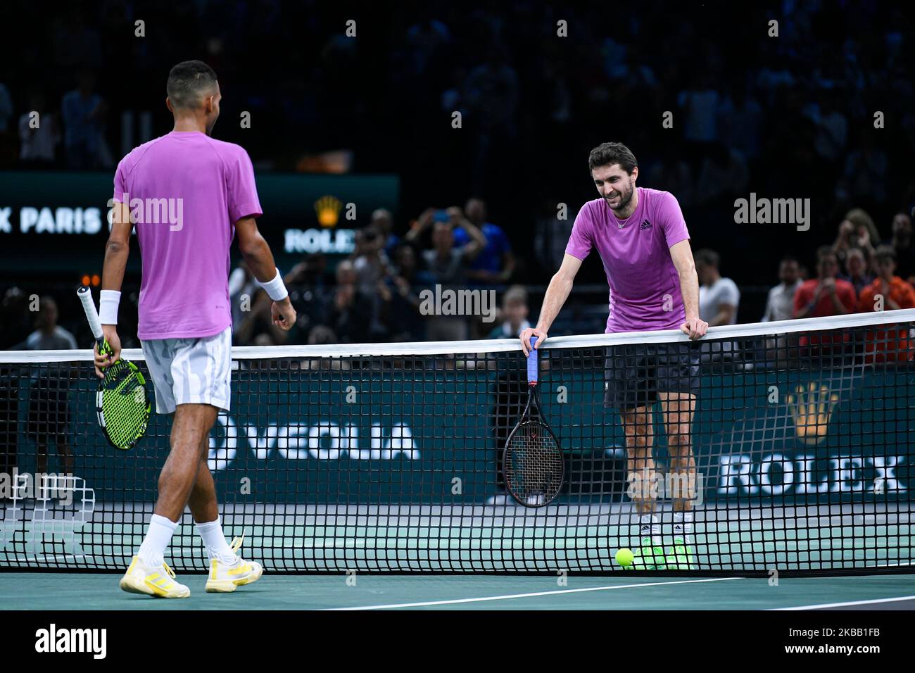 Parigi, Francia. 3 novembre 2022, Gilles Simon gioca l'ultima partita della sua carriera contro Felix Auger-Aliassime durante il Rolex Paris Masters, torneo di tennis ATP Masters 1000, il 3 novembre 2022 presso l'Accor Arena di Parigi, Francia. Foto di Victor Joly/ABACAPRESS.COM Foto Stock