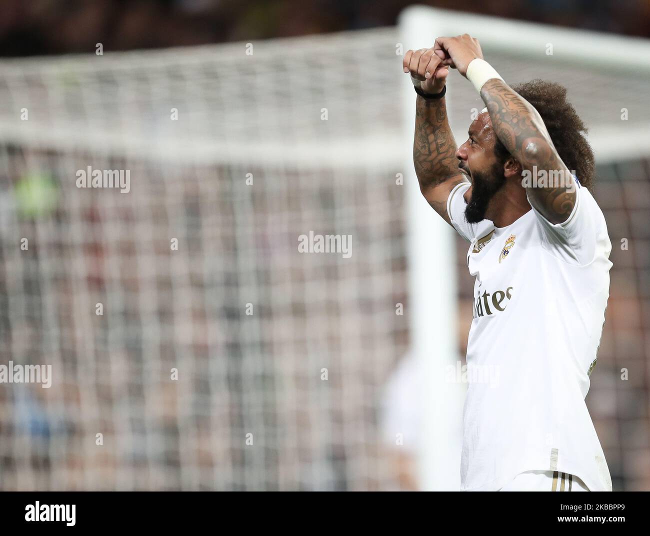 Marcelo del Real Madrid celebra la partita della Champions League tra il Real Madrid e Parigi all'Estadio Santiago Bernabeu il 26 novembre 2019 a Madrid, Spagna. (Foto di Raddad Jebarah/NurPhoto) Foto Stock